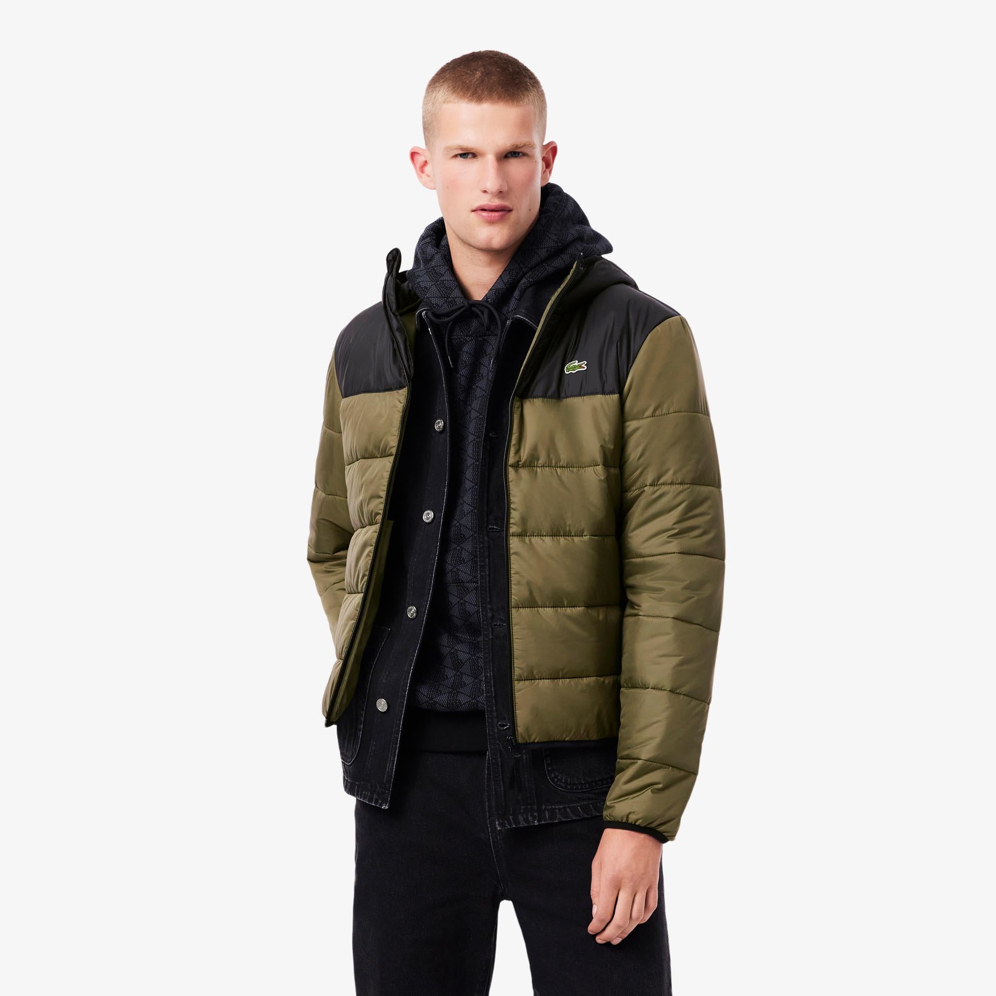 Mens Lacoste Hooded Water-Repellent Jacket Olive/Black